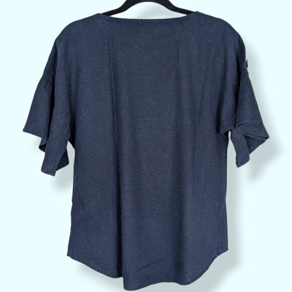 Ellen Tracy Navy Linen Blend Button Top - Picture 6 of 8